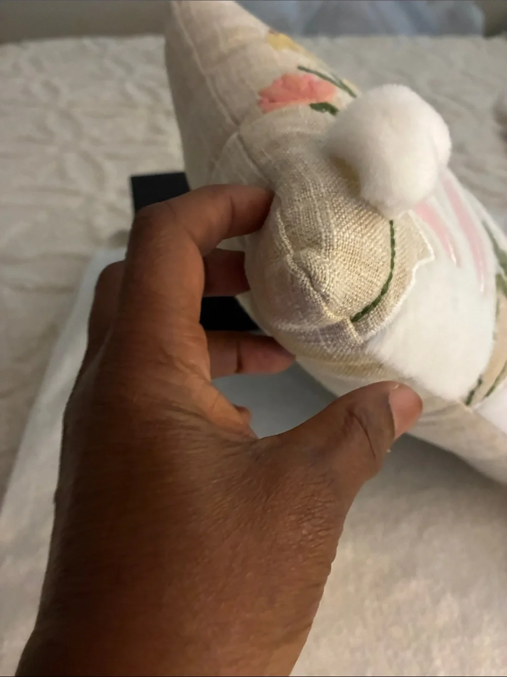 Pre-owned “Bunny Lumbar” Embroidered Bunny Ears Decorative Pillow-Pink & White